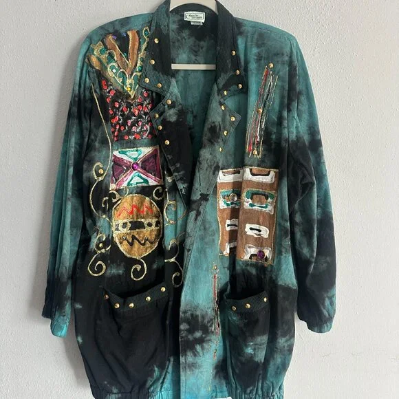 Vintage 90s Women’s Charle Casuals Art Jacket XL Boho Tribal Hand Painted Cotton - Picture 2 of 10
